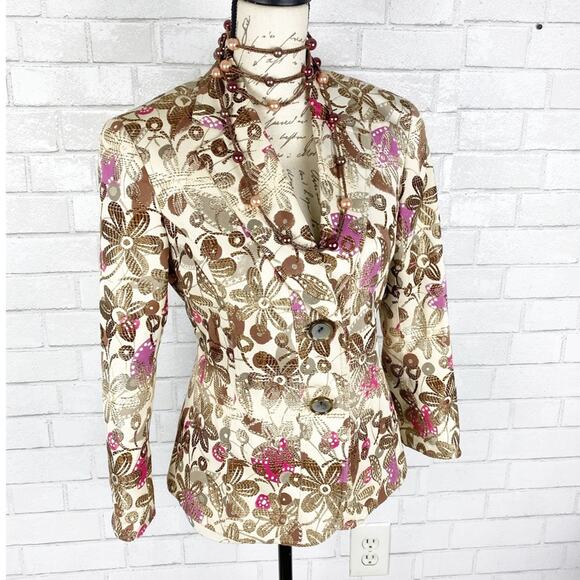 Lafayette 148 NY Floral Jacquard Blazer Brown Cream Pink Luxe Tailored Size 14 - Picture 1 of 11